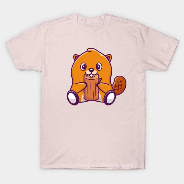 Cute Beaver Bite Wood Cartoon T-Shirt by Catalyst Labs